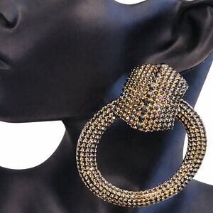 Gold-Tone Door Knocker Statement Earrings • Jet Stone Detail • 3.5" x 3"